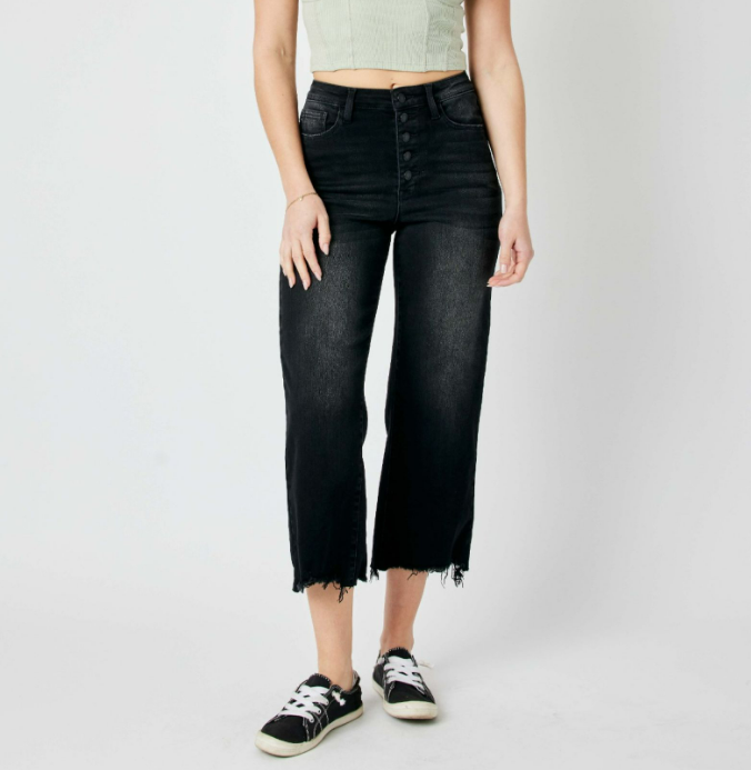 Judy Blue High Waist Black Raw Hem Wide Leg Crop