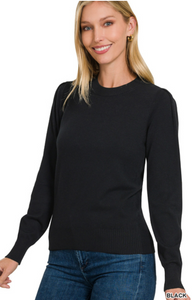Round Neck Sweater with Pleated Sleeve - Various Colors