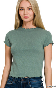 Short Sleeve Lettuce Hem Cropped Tee in Ash Jade
