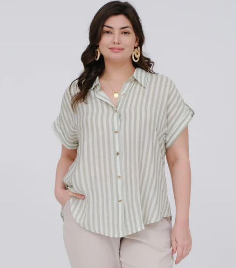 Olive + Ivory Stripe Button Front Top  - Plus + Regular