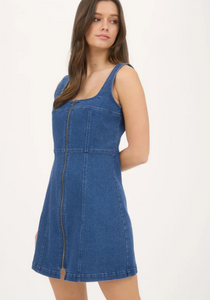 Medium Wash Denim Zip Front Mini Dress