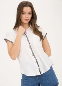 Ivory + Black Contrast Stitch Short Sleeved Button Front Top - Plus + Reg