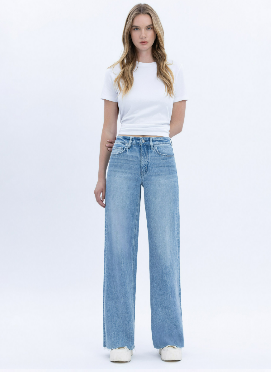 Vervet Olivia High Rise Wide Leg Raw Hem Jean in medium wash