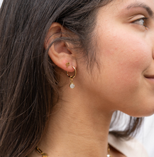 Load image into Gallery viewer, 12mm April Birthstone Dangle Huggie Hoop Earring - Gold + Silver
