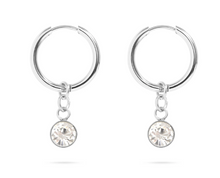 Load image into Gallery viewer, 12mm April Birthstone Dangle Huggie Hoop Earring - Gold + Silver
