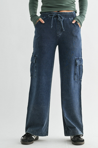 Mineral Wash Cotton Blend Wide Leg Cargo Pant in Denim