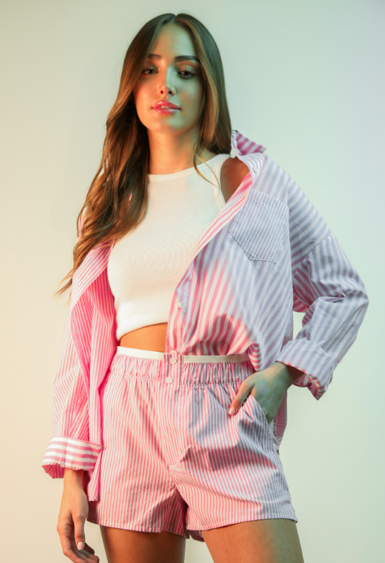 Striped Button Front Shirt and Shorts SET - Various