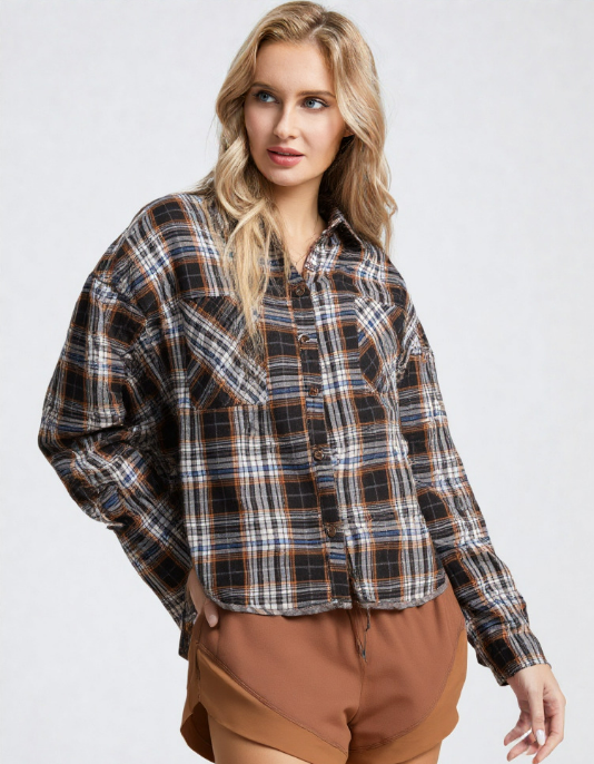 Black Mix Plaid Long Sleeve Button Front Top
