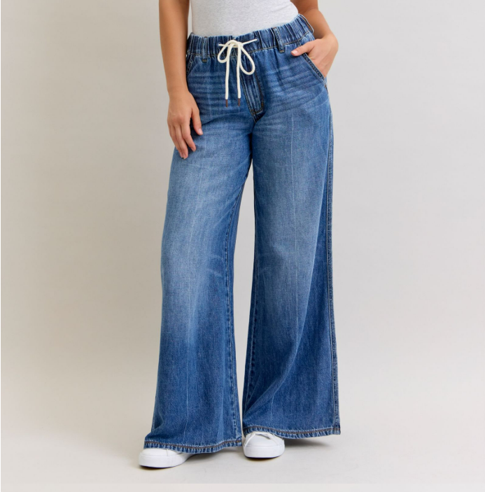 Judy Blue High Waist Palazzo Featherweight Rigid Magic with Elastic Waistband - Plus + Regular