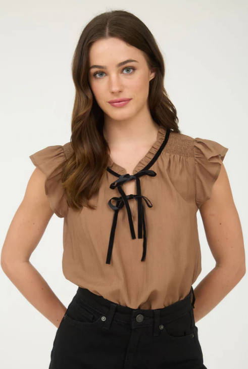 Brown + Black Velvet Tie Top with Smocked Shoulder