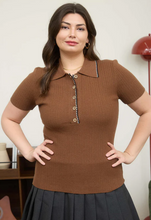 Load image into Gallery viewer, Lightweight Polo Sweater in Brown White + Black with Stitch Detail

