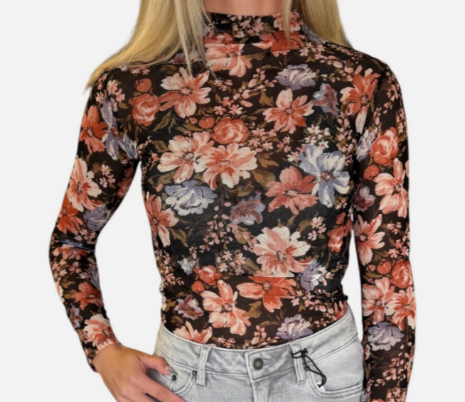 Long Sleeve Sheer Lace Layering Top in Black Floral