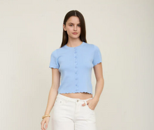 Load image into Gallery viewer, Scalloped Button Front Short Sleeve Cardigan in Dusty Blue - Plus + Regular
