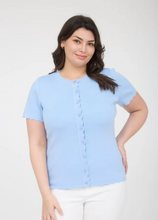 Load image into Gallery viewer, Scalloped Button Front Short Sleeve Cardigan in Dusty Blue - Plus + Regular
