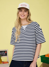 Load image into Gallery viewer, Striped Colorblock Boxy Tee in Navy + Tan - Plus + Regular
