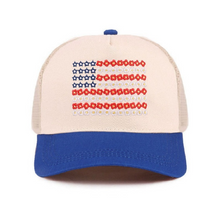 Load image into Gallery viewer, Red, White, + Blue Embroidered Floral Flag Trucker Hat
