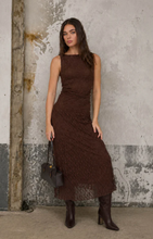 Load image into Gallery viewer, Lace Ruched Boat Neck Midi Dress in Brown
