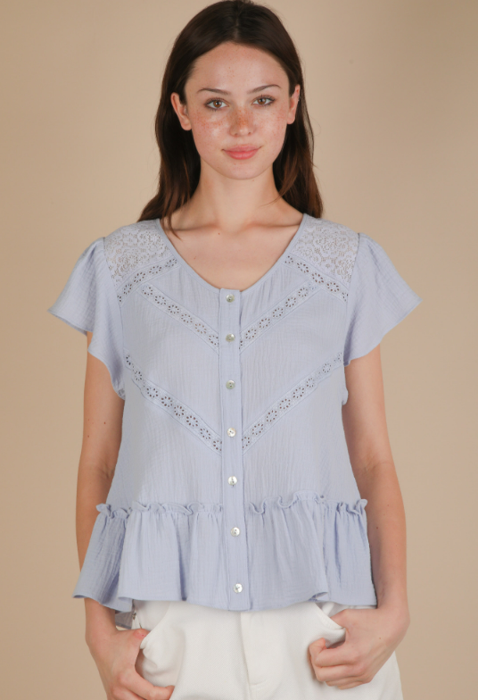 Lace Ruffled Button Front Top in Sky Blue