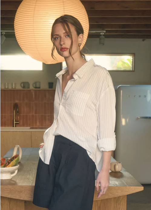 White & Black Pinstripe Button Front Top