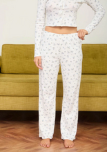 Load image into Gallery viewer, Blue + Ivory Floral Pointelle Knit Lounge Separates - Straight Pant + Cardigan Top

