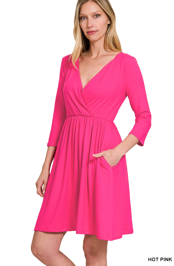 Hot Pink 3/4 Sleeve Mid Length Dress - Buttery Soft - Pockets