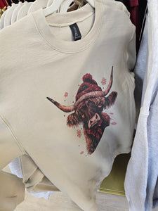 Santa Highland Cow Crewneck Sweater in Sand - Unisex