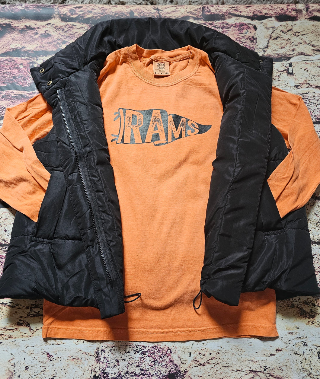 Rams Pennant Long Sleeve Comfort Colors T-shirt in Orange